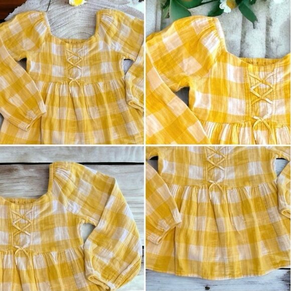 Vintage yellow and white checked textured gingham long sleeve gathered blouse💛 - Picture 1 of 16
